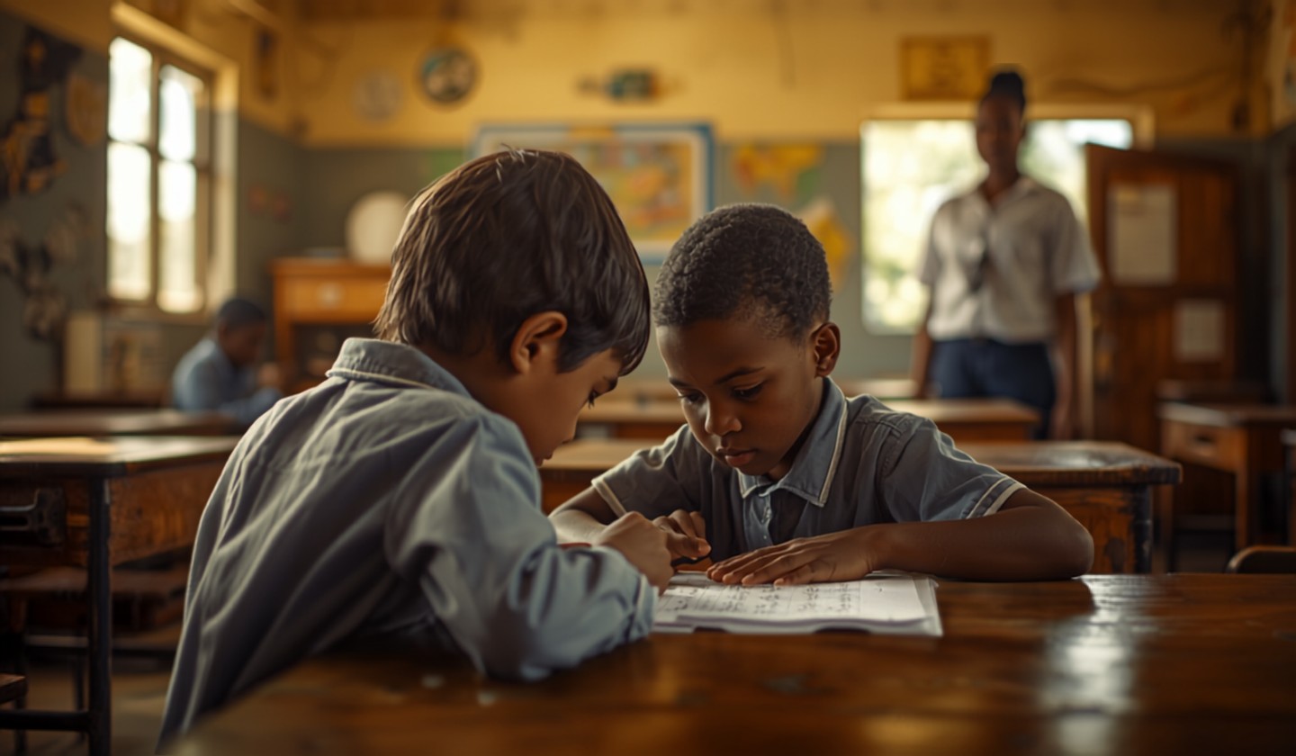 Two learners collaborating on a worksheet while a teacher looks on