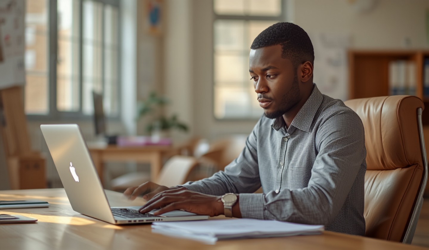 A school administrator reviewing reports on a laptop at a desk